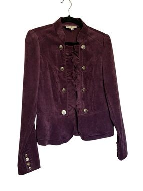 Women’s Plum  Military-Style Jacket with Ruffle Front. Size Medium